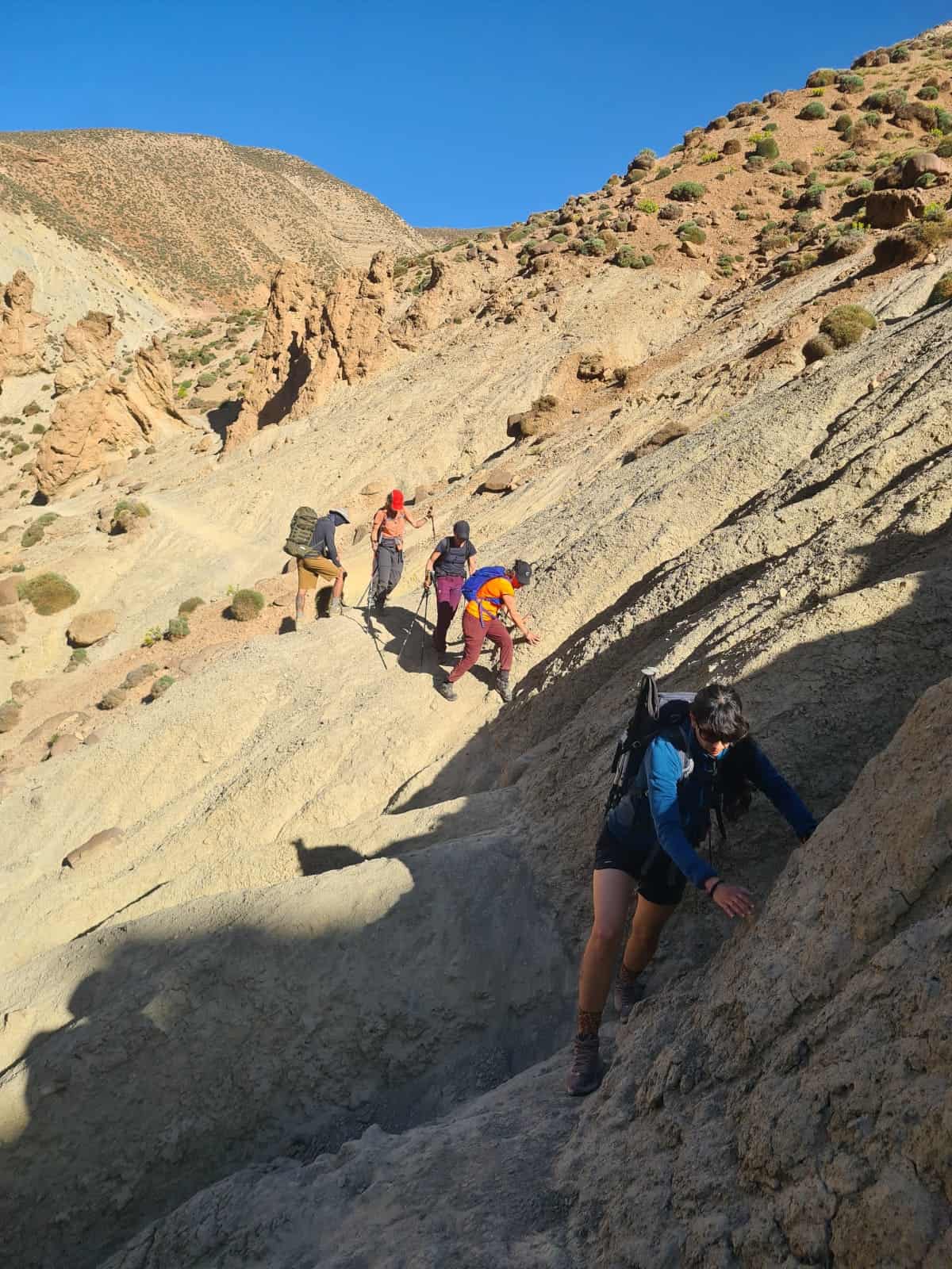 Trekkers climbing from Tarkedit Plateau toward the Jebel M'goun summit